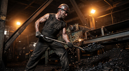 Male worker shoveling coal at an industrial plant. Strong man performing hard manual labor in a factory. Heavy industry and energy production concept