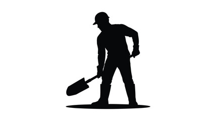 Silhouette of worker digging with shovel on white background