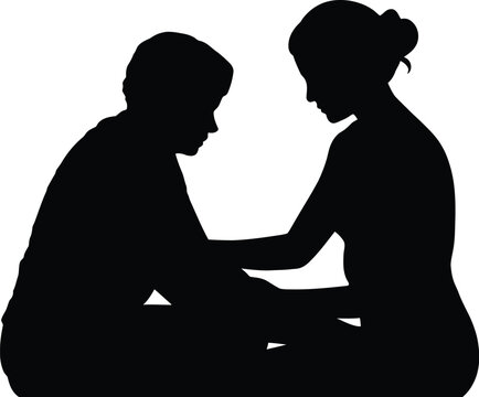 Two figures shown in dark silhouette providing mutual comfort and attentive listening, suggesting empathy, caregiving, or deep emotional support.