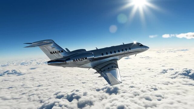Private jet flying above clouds