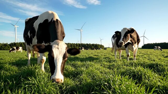 Cows grazing in green field with windmills