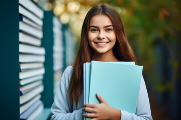 Fototapeta premium Young woman smiling while holding her school books, standing outdoors near a bookshelf