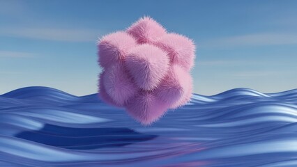 A surreal pink fluffy object hovers over abstract blue waves in a minimalist digital art piece