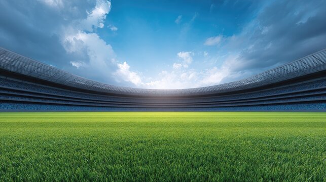 Vast Empty Stadium with Lush Green Grass Under Dramatic Skies, Ready for Sport Events and Exciting Games, Inviting Fans into the Action