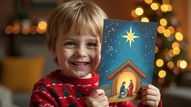 A happy young boy smiles while holding a Christmas nativity card. Child in a festive sweater celebrating the religious holiday at home. The true meaning of Christmas and childhood joy concept