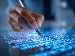 Hand holding fountain pen writing on surface with glowing blue digital code and abstract technology background illustrating data analysis and innovation