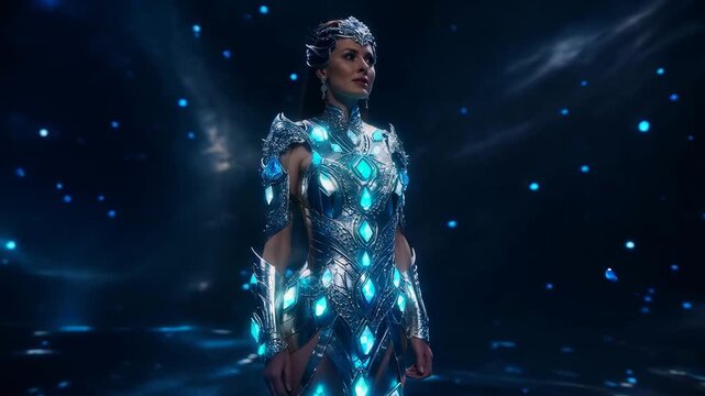 Futuristic female android with glowing blue circuits standing in dark space environment, cybernetic body illuminated by digital light. Concept of artificial intelligence and transhumanism