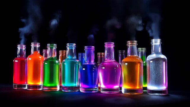 Colorful glass bottles filled with glowing liquids standing in a row against dark laboratory background with soft reflections. Concept of chemistry and experimental scienc