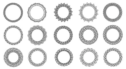 Collection of various circular wreaths and decorative border designs featuring intricate vine, leaf, and geometric patterns for graphic design projects.