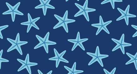 Fototapeta premium Seamless marine pattern featuring light blue starfish scattered across a deep dark blue background for a nautical design or textile theme.