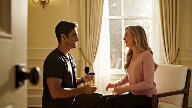 Man proposing to woman in room