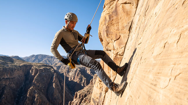 Man rappelling down a steep rock cliff with climbing gear. Extreme sport and outdoor adventure in a mountain canyon