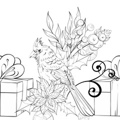 Fototapeta premium Arrangement of a Cardinal Bird With Holly and Gifts in Seamless Pattern Style for Festive Backgrounds and Decorative Borders