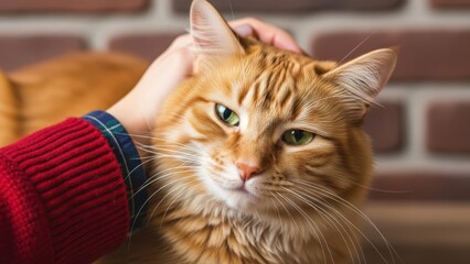 Gentle hand stroking the head of a domestic orange cat with green eyes