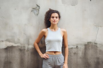 Fototapeta premium Young athletic woman in sportswear standing with hand on hip looking at camera