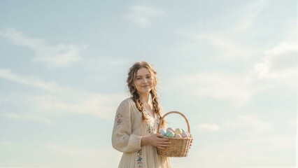 Woman holds Easter basket with colorful painted eggs. Celebration of spring holiday event. Traditional symbolism for greeting card
