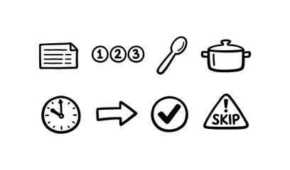 Hand-drawn icons representing steps, time, cooking, and decisions in a process