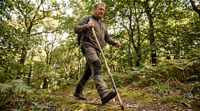 Middle-aged man hiking on a forest trail with a wooden walking stick. Active person trekking in the woods for outdoor adventure and exercise