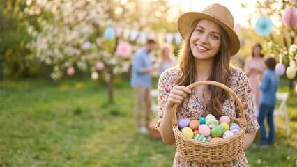 Young woman with straw hat holding a basket of colorful Easter eggs a spring garden party. Family celebration during Easter holiday