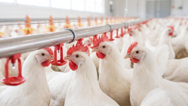 White chickens gathered in a modern, clean poultry farm facility. The birds are actively pecking at food from automatic feeders, a typical scene of commercial poultry farming and egg production.