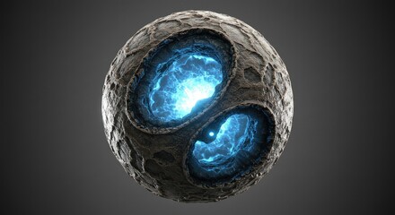 A metallic sphere with two glowing blue orbs