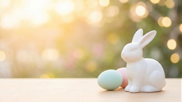 White ceramic rabbit figurine with pastel Easter eggs on a wooden table. Spring holiday decoration for greeting card design and celebration - Powered by Adobe