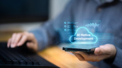 Person holding smartphone with AI-Native Development cloud interface and coding icons.