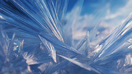 Macro abstract ice crystals pattern in cool bright blue tones. Fine geometric lines, high sharpness, smooth transitions, clear texture, right-focused composition and winter themes
