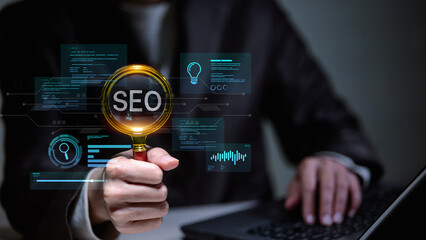search engine optimization concept with magnifying glass and digital data analysis icons.