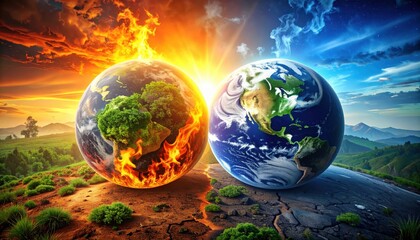 Two Earths Contrasting Climate Change One Burning and Arid the Other Lush and Green Under Dramatic Skies
