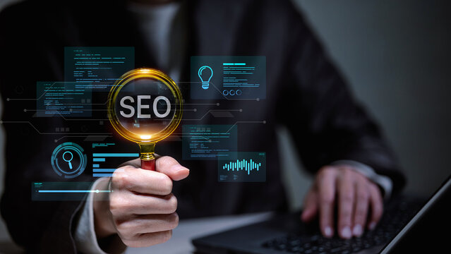 search engine optimization concept with magnifying glass and digital data analysis icons. - Powered by Adobe
