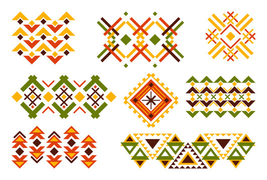 Collection of Ethnic patterns. Geometric and aztec decor elements. Trendy backgrounds and logotypes. Vector. Isolated