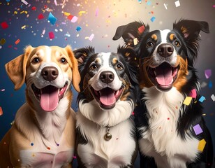 Three happy canine companions, with joyful expressions, celebrate among colorful confetti against a luminous background