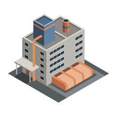 Factory isometric. Industrial bulding. Concept of industrial plant with chimney tower. 3d isolated icon. Architecture of manufacture house. Vector cartoon illustration