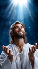 A joyful Jesus in a light robe raises his hands in prayer and looks to heaven against a backdrop of divine light and rays. An image of resurrection, faith, prayer, and spiritual rebirth.