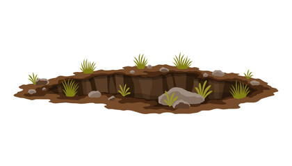 Hole ground. Works digging of sand coal waste rock or gravel. Brown, dry mine element of landscape. Cartoon illustration