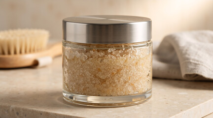 Body scrub in a glass jar on a marble counter. Natural skincare and exfoliation product. Spa wellness concept with wooden brush and towel. Close up of cosmetic salt or sugar scrub
