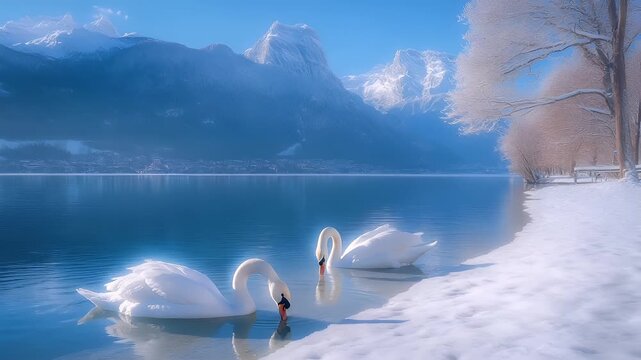 A vivid, highresolution digital artwork of a serene lakeside scene with swans and snowcovered mountains. The main subject is a white swan swimming on a calm blue lake.