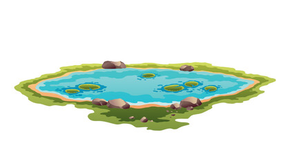 Picturesque natural pond. Concept of open small swamp lake. Water pond with reeds and stone. Natural countryside landscape. Multicolour game scene