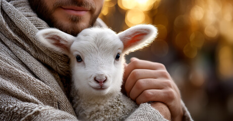 A man in warm clothes carefully holds a lamb in his arms, close-up. a touching scene of salvation, care, trust and comfort against the backdrop of soft bokeh. Biblical history.