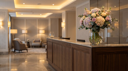 Hotel reception desk with a large floral arrangement in a luxury lobby. Upscale hospitality interior with lounge seating and warm lighting. Professional check-in area for travel and business