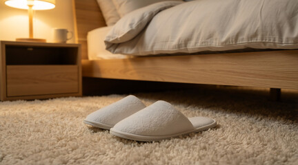White slippers on a shaggy rug in a cozy bedroom. Pair of soft footwear next to a wooden bed with warm lamp light. Comfort and relaxation at home or in a hotel room