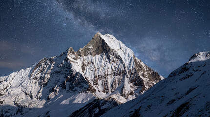 Starry night sky above a snow covered Himalayan mountain peak © waseem