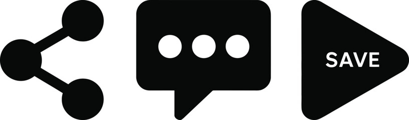 Naklejka premium Collection of simple black social media icons representing sharing, communication, and saving digital content on a white backdrop.