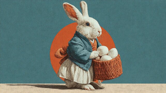 White rabbit dressed in traditional clothes holding basket with easter eggs. Easter holiday greeting card design for spring celebration