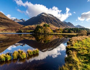 Obraz premium Mountains reflecting in serene lake beneath blue sky with soft clouds
