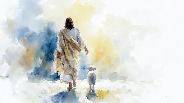a watercolor depiction of a Christ figure in a simple robe walking along a path with a lamb, surrounded by soft pastel light. an image of care, salvation, faith and spiritual consolation. easter card