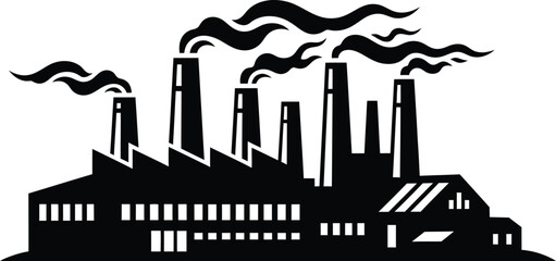 a stark black and white illustration depicts an industrial complex with multiple smokestacks emitting dark plumes of smoke symbolizing pollution