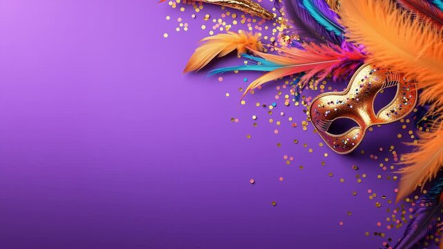 Golden carnival mask with vivid feathers and confetti creating a festive celebration video background with copy space. Banner footage. 