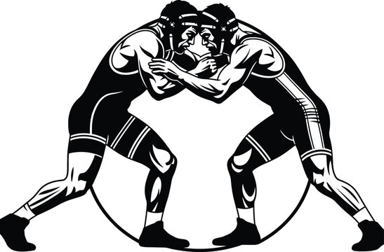 a dynamic black and white illustration depicts two muscular wrestlers intensely engaged in a grappling match highlighting strength and competition